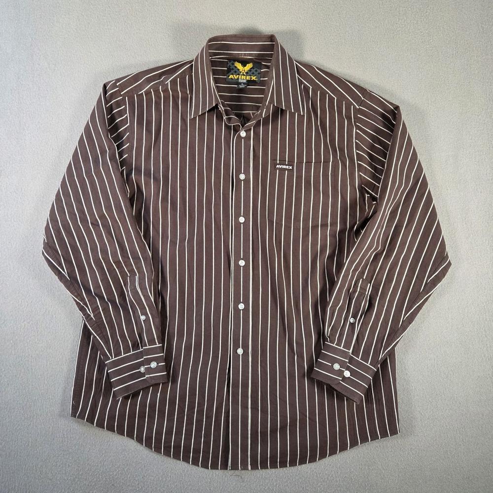 Avirex Shirt Mens Large Brown Striped Button Up Long Sleeve Cotton